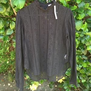 Long Sleeve Black Lace Blouse w/ Ruffle Neckline