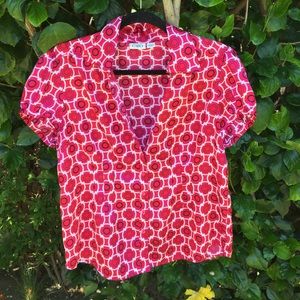 Never Worn Satin Red, Black & White Patterned Top