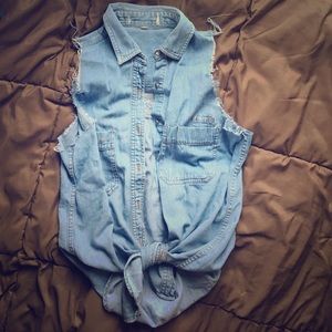 Frayed Short Sleeve Denim Tank