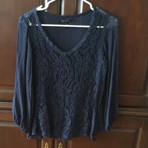 Lucky Brand XS Shear Mesh/Lace Navy 3/4 Length Top
