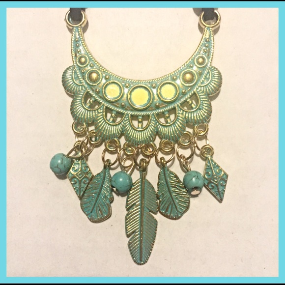 Tribal Turquoise gold gray cord necklace 18" Sold - Picture 2 of 3