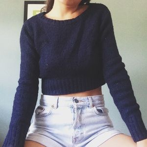 Cropped Navy Knit Cropped Sweater