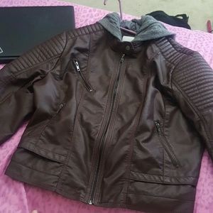 Faux leather jacket with gray detachable hood
