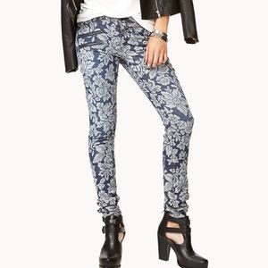 Blue and White Jacquard Floral Skinny Jeans