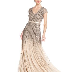 Adrianna Papell Cap Sleeve Beaded V-neck Gown