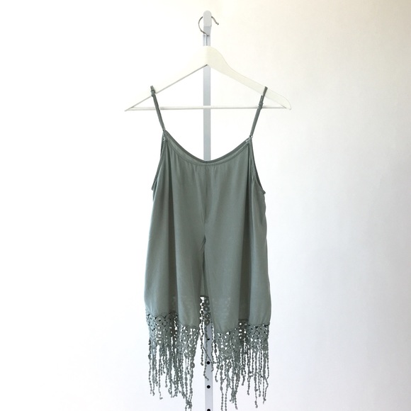 Tops - Tank With Crochet Fringe in Sage Green Tops - Tank With Crochet Fringe in Sage Green
