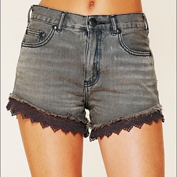 FREE PEOPLE GREY DENIM LACE CUT OFF JEAN SHORTS