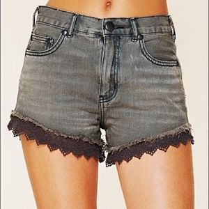 FREE PEOPLE GREY DENIM LACE CUT OFF JEAN SHORTS