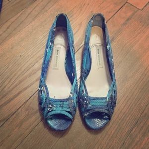 Blue snakeskin peep toe wedges