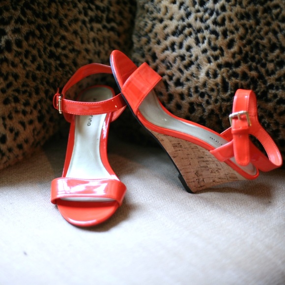 Orange Patent Leather Cork Wedge Sandals - Picture 1 of 3