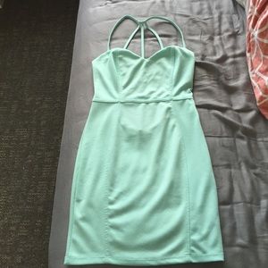 Aqua dress, tight, very revealing back