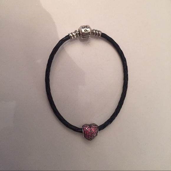 Black Leather Pandora Bracelet with Heart charm