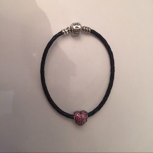 Black Leather Pandora Bracelet with Heart charm