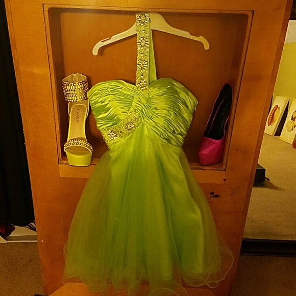 Lime Sequin Dress Hand Beaded w/ silver stones - Picture 3 of 4