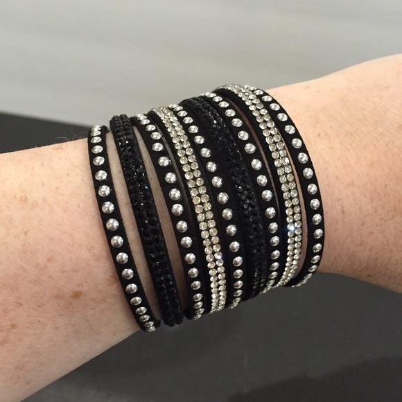 Suede cuff bracelet rhinestone studs snap