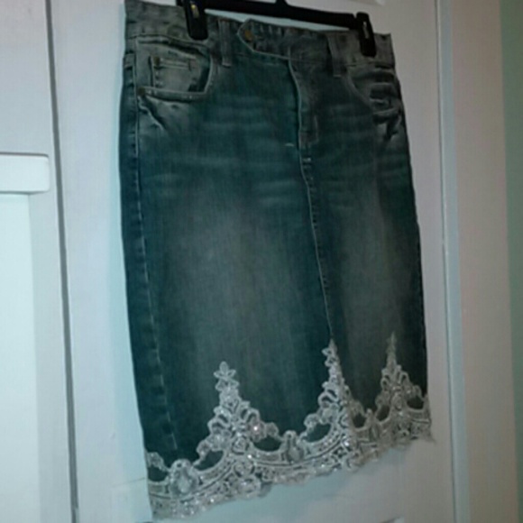 The Limited Dresses & Skirts - Lace hemmed denim skirt