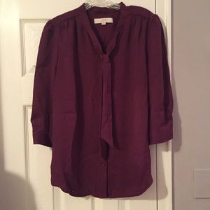 Button front tie neck blouse