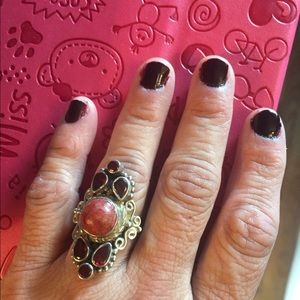 Sterling silver coral & garnet ring made in India