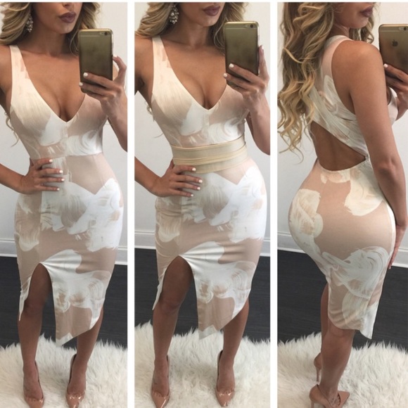Beige and white body con dress