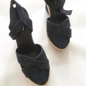 BCBG denim wedge sandals