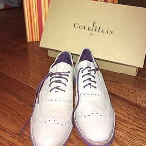 Cole Haan slate and purple oxfords.