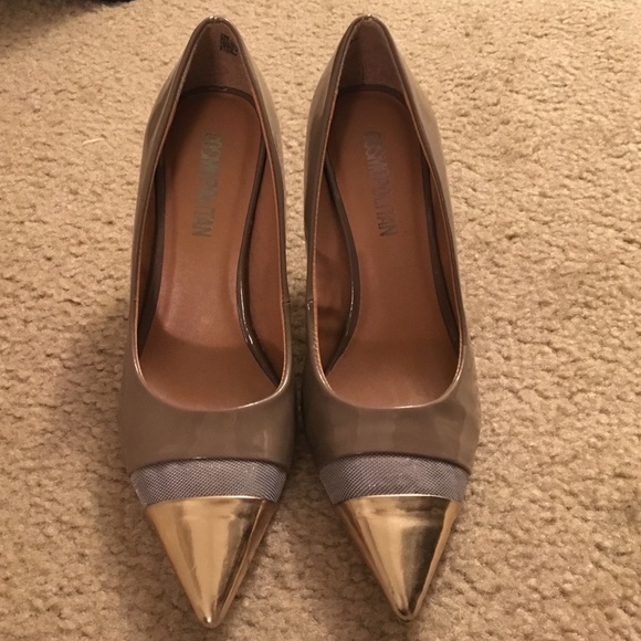 Tan and gold high heels.