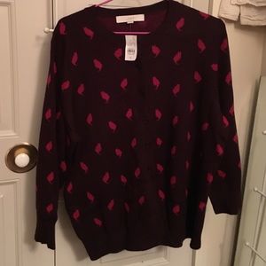 New Loft burgundy button sweater with pink cats XL