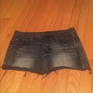 Black denim distressed mini skirt