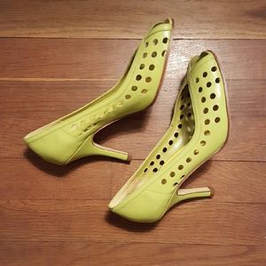 Chartreuse Green Peep Toe Leather Heels