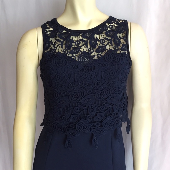 Navy Blue Lace Yoke Midi Dress Wedding Guest Formal Office Nautical Old Money - Picture 2 of 4