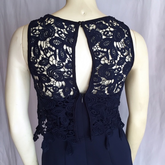 Navy Blue Lace Yoke Midi Dress Wedding Guest Formal Office Nautical Old Money - Picture 3 of 4