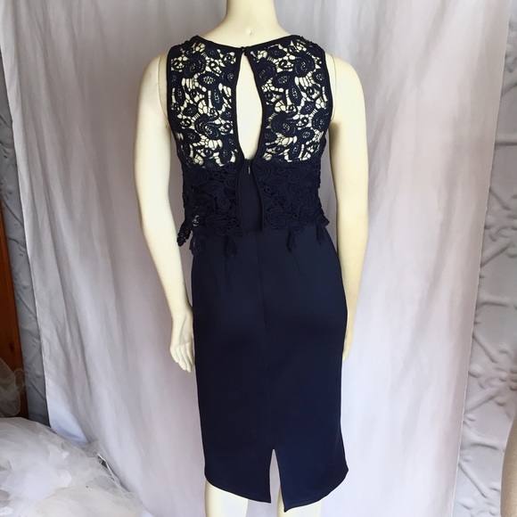Navy Blue Lace Yoke Midi Dress Wedding Guest Formal Office Nautical Old Money - Picture 4 of 4