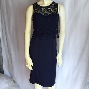 Navy Blue Lace Yoke Midi Dress Wedding Guest Formal Office Nautical Old Money