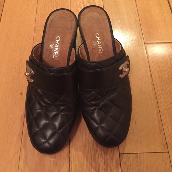 Chanel black leather quilted clogs!