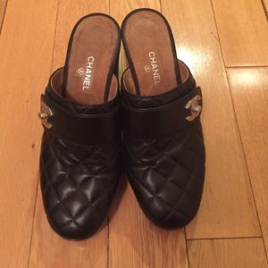 Chanel black leather quilted clogs!