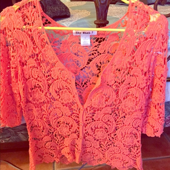 Coral/orange lace/crochet  top button up