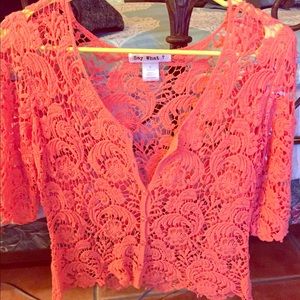 Coral/orange lace/crochet  top button up