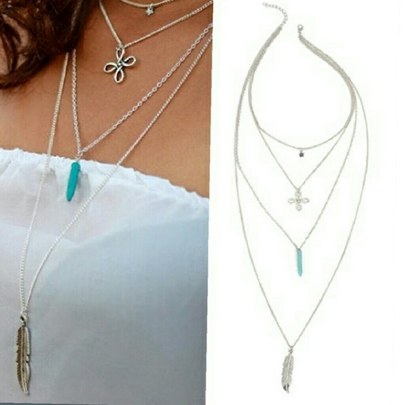 ♠Silver 4 layer boho necklace w/feather - Picture 2 of 3