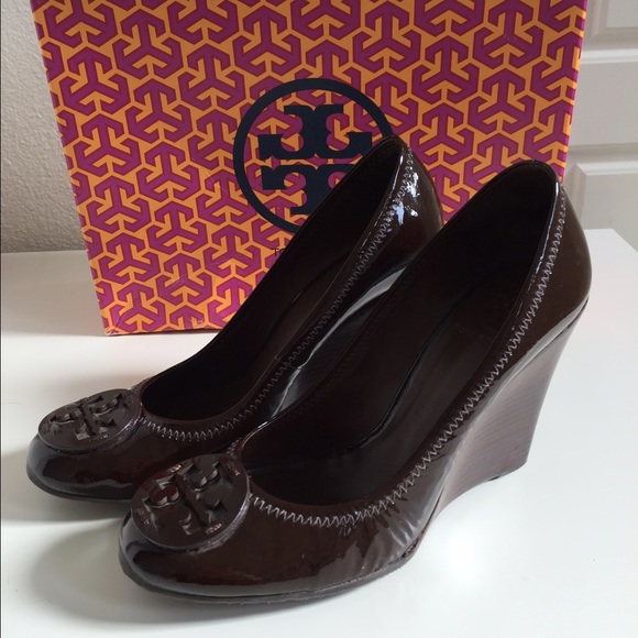 Tory Burch Dark Brown Patent Wedges