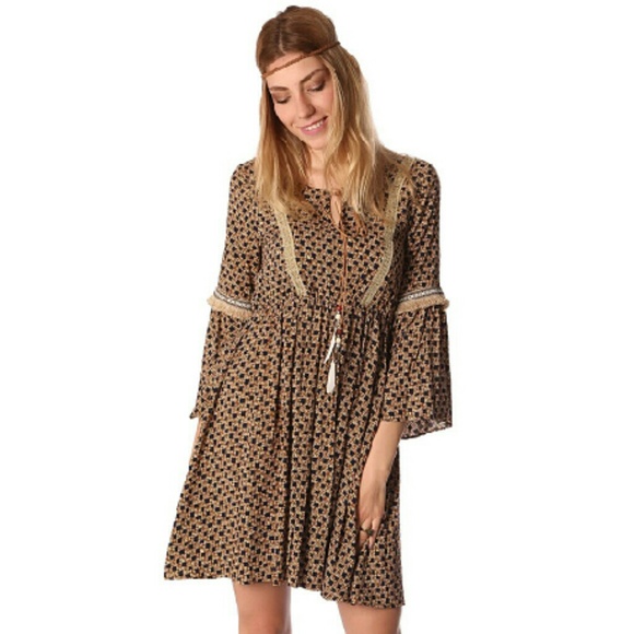 Camel Bohemian print midi dress with feather tie d