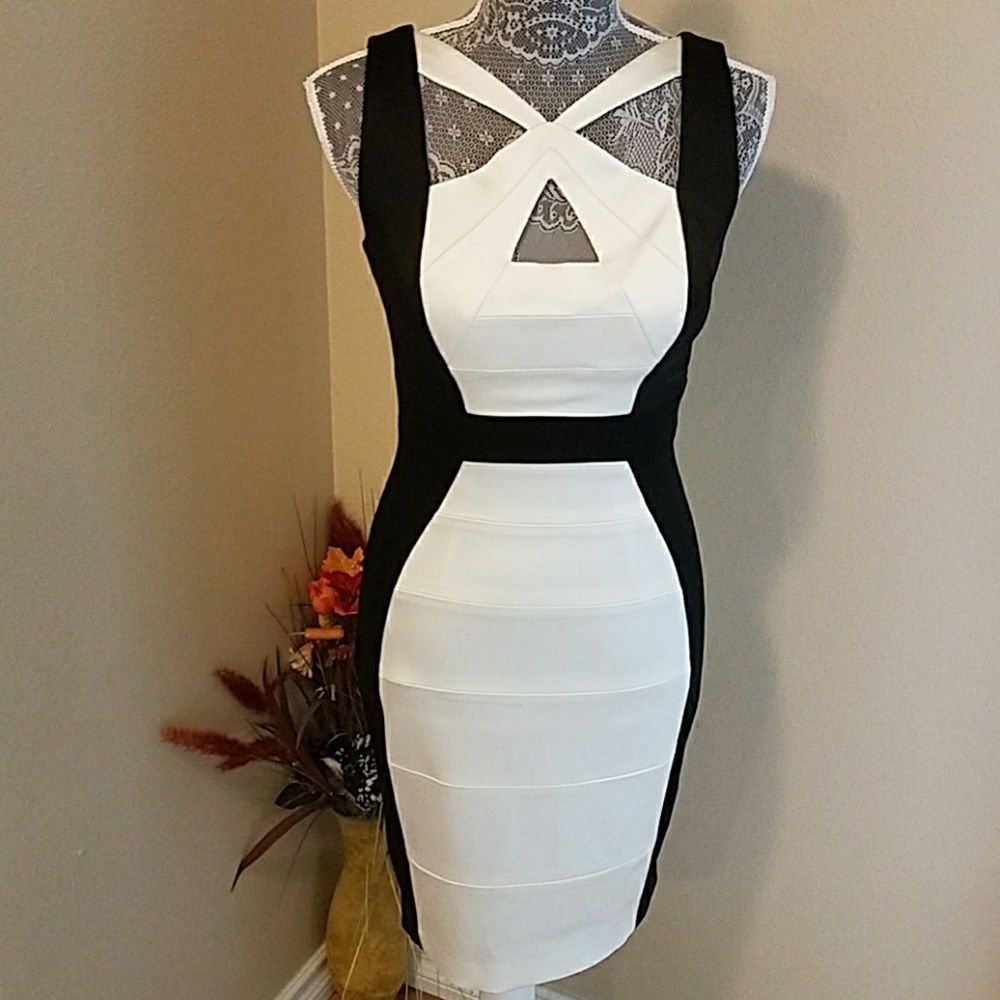 Classy black-and-white colorblock Cache dress.