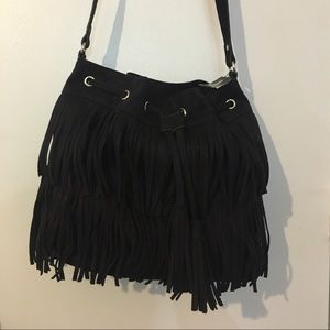 Faux suede fringe bucket bag