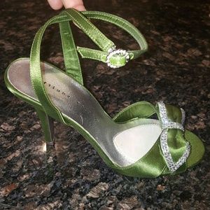 Green satin and rhinestone heels