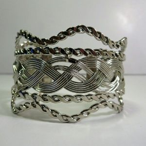Silver tone woven adjustable cuff bracelet