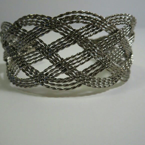 Woven silver tone adjustable cuff bracelet