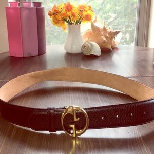 Gucci leather belt size xs/s vintage logo gold •••