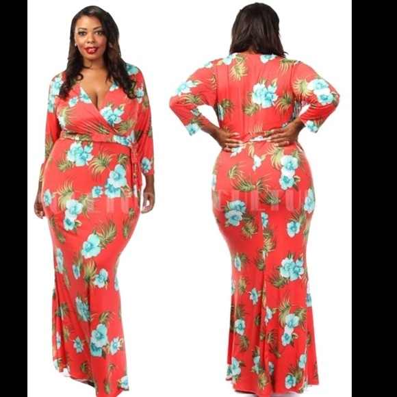 šHPššŗFigure Flattering Coral Tropics Maxi - Picture 3 of 4