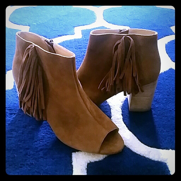 Cognac Peep Toe Suede Shoes, Stylish Fringe detail - Picture 2 of 5