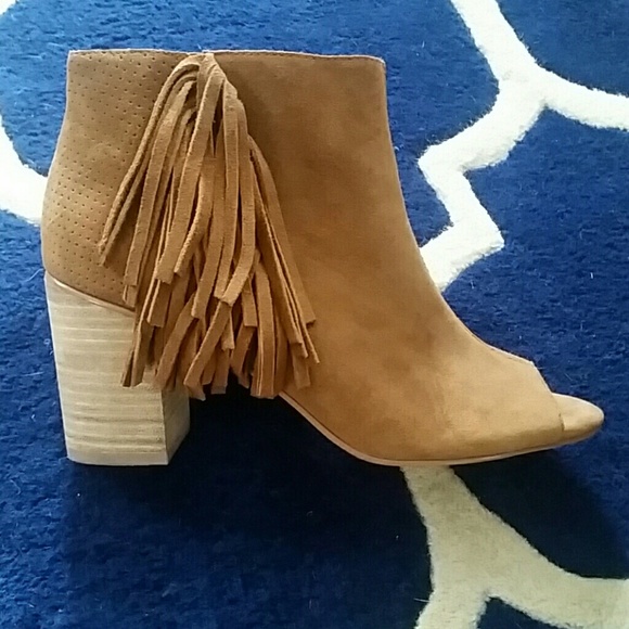 Cognac Peep Toe Suede Shoes, Stylish Fringe detail - Picture 3 of 5