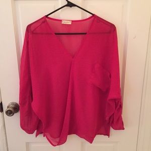 Hot Pink Sheer Boutique Pocket Front Blouse